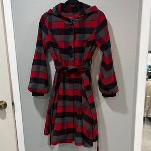 Lined Buffalo Plaid Hooded Winter Coat Belted Fit & Flare